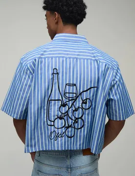 Men's Boxy Crop Stripe Sketch Embroidered Shirt Blue Size Medium Blue M - boohooMAN - FashionsVida