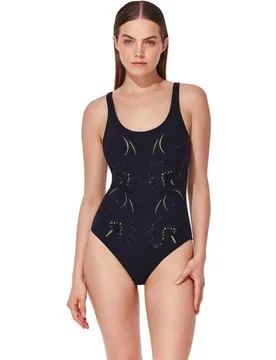 Bañador de mujer baño de una pieza con cuello cuadrado y tirantes geométricos tejidos con espalda en V profunda - Gottex - FashionsVida