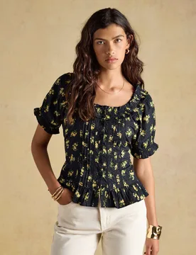 Pure Cotton Floral Frill Detail Blouse Black Mix female - Joules - FashionsVida