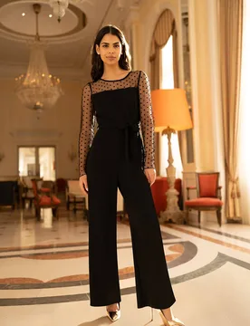 Black Spot Mesh Stretch Jumpsuit - Black - Size: 8 - Yumi - FashionsVida