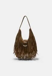 Schultertasche mit Fransen und Schnallendetail Karamell OS