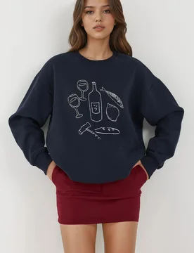 Womens Printed Crew Neck Sweatshirt - Dark Blue - Size Medium - Hiccup - FashionsVida