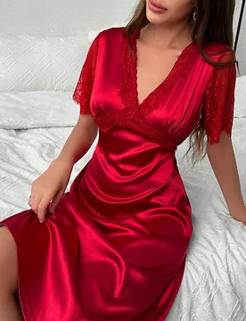 Camisón de satén con encaje en contraste, ropa de estar por casa de lujo - Shein - FashionsVida