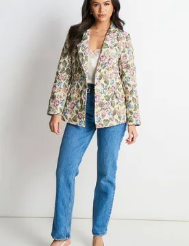 Women's Beige Floral Jacquard Tailored Jacket Size: Small/Medium - Multicolor - Size: S/M - Gini London - FashionsVida