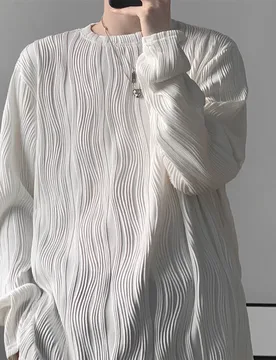D Folds Texture Autumn Winter Long Sleeve Men T Shirt Loose Korean Style O Neck Fashion Casual Clothes Oversized Tops White New - Aliexpress - FashionsVida