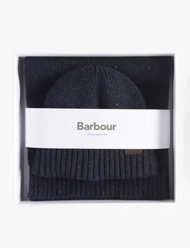 Cofanetto idea regalo composto da sciarpa e berretto blu in lana bottonata - Barbour - FashionsVida