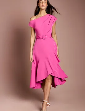 Women's Drape Shoulder Frill Detail Crepe Midi Dress in Magenta Size: 16 - Magenta - Size: 16 - Coast - FashionsVida