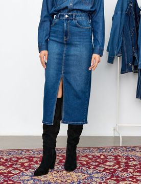 Gonna midi in denim con spacco - blu scuro