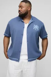 Herren Plus Relaxed Palm Scenic Jacquard Gestricktes Hemd Blue Größe 2XL