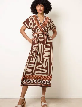 Women's Elasticated Waist Brown Short Sleeve V-neck Maxi Dress Size: Small/Medium - Brown - Size: S/M - Blue Vanilla - FashionsVida