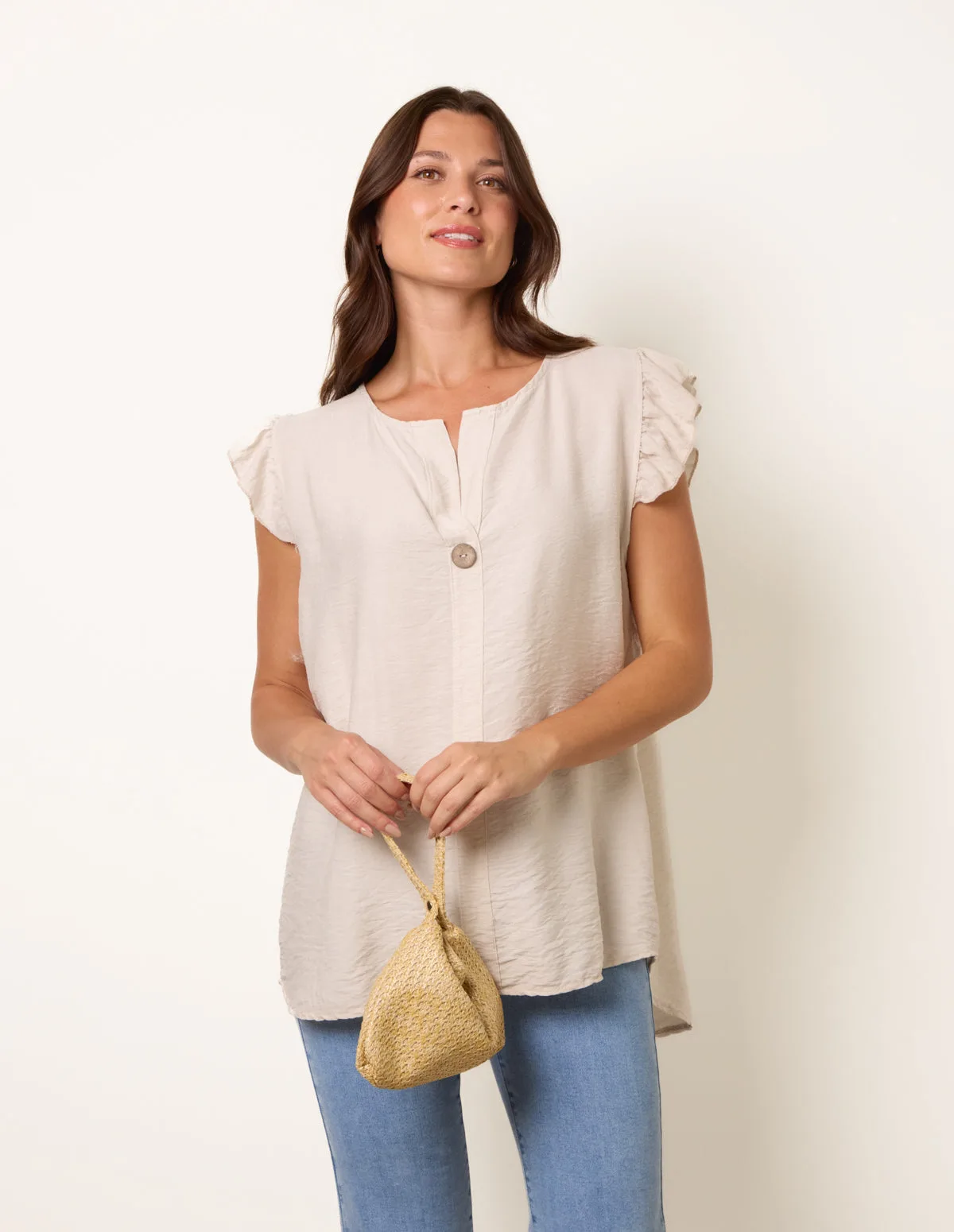 One Button Frill Sleeve Top - ONE / STONE - female - Blue Vanilla - FashionsVida