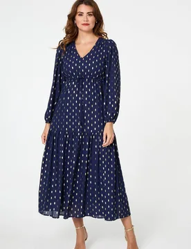 Metallic Print V-Neck Tiered Maxi Dress - Blue - Size: 8 - Izabel London - FashionsVida