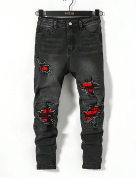 Jeans casuales de moda Y2K para adolescentes, con diseño negro de denim rasgado, parches rojos y elástico, para uso diario y todas las estaciones, r - Shein - FashionsVida