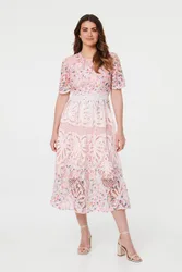 Women's Floral Mesh Layer 1/2 Sleeve Midi Dress Size: 10 - Multicolor - Size: 10
