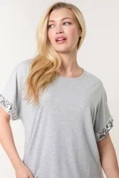 Women's Grey Short Sequin Trim Oversized Top Slip On Round Neck Size: Small/Medium - Grey - Size: S/M