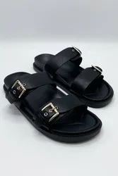 Women's Elise 2 Band Gold Buckle Flat Slider in Black Size: 3 - Black - Size: 3