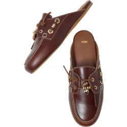 Mules planos de mujer de piel con cordones