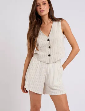 Women's Linen-Blend Pinstripe Waistcoat in Stone Size: 10 - Stone - Size: 10 - Urban Bliss - FashionsVida