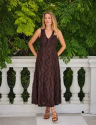 Pure Cotton Embroidered Maxi Skater Dress Chocolate female