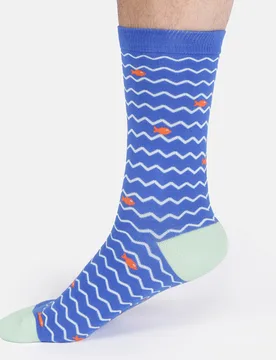 Wavy Sea Stripe Organic Cotton Crew Socks - Cobalt Blue - UK7-11 - Thought - FashionsVida