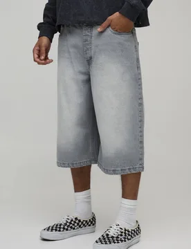 Men's Essential Longline Fit Denim Jorts Light Grey Size 28 Light Grey 28 - boohooMAN - FashionsVida