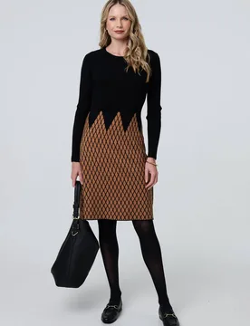 Printed Long Sleeve Jumper Midi Dress - Black - Size: 14 - Izabel London - FashionsVida
