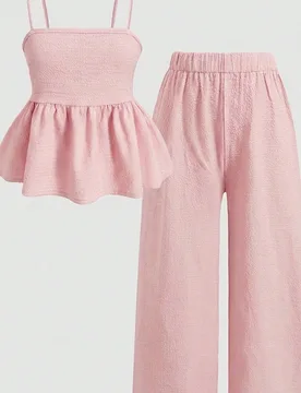 Conjunto de top camisola con volantes en el bajo y pantalones de color liso para niña preadolescente - Shein - FashionsVida