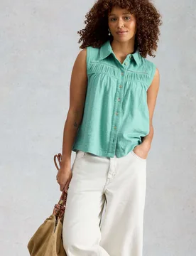 Pure Cotton Ladder Lace Collared Shirt Blue female - White stuff - FashionsVida