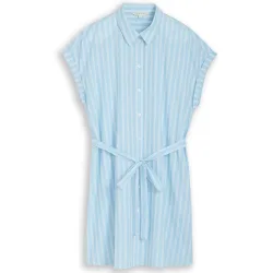 Vestido corto camisero de manga corta con cuello clásico, botones, lazada en la cintura y diseño de rayas