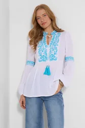 Women's Crinkle Tunic Top with Tassel Tie & Embroidered Detail in White Size: 10 - White - Size: 10