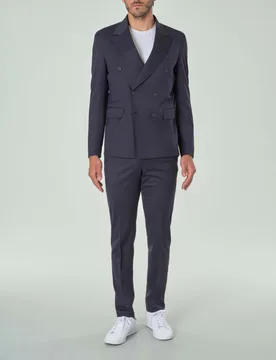 Abito blu doppiopetto in tela di lana stretch con rever a lancia - Paul Baker - FashionsVida