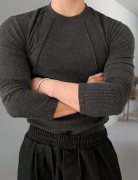 Camiseta de manga larga de unicolor de tela elástica gris oscuro para hombre para primavera y otoño - Shein - FashionsVida