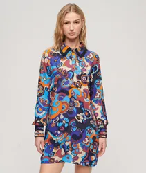 Superdry Damen Bedrucktes 60er-Jahre Mini-hemdkleid Blau - Größe: 36