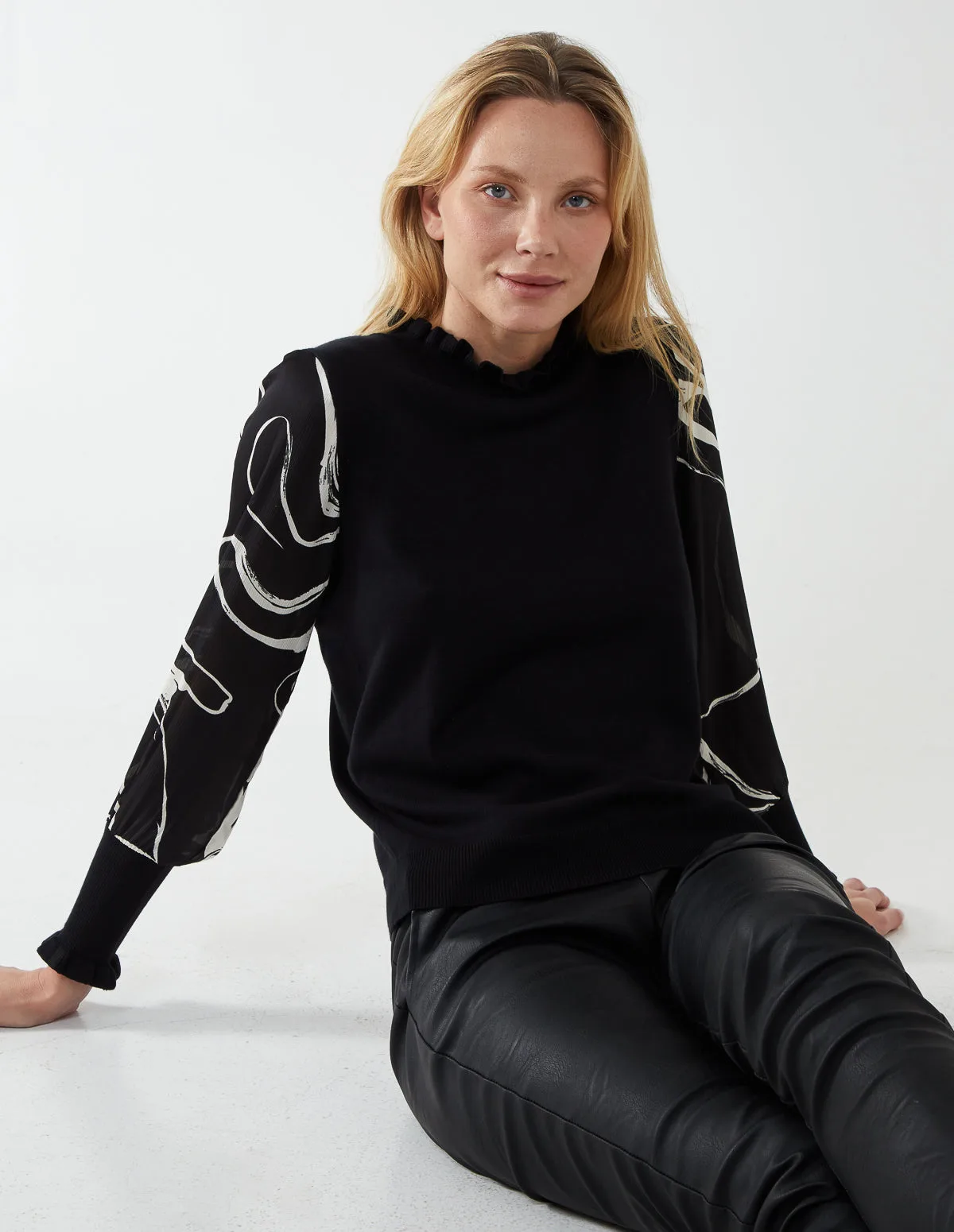 Marble Sleeve Frill Jumper - L / BLACK - female - Blue Vanilla - FashionsVida