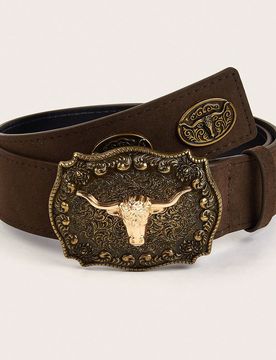 Pieza Cinturón de estilo occidental para mujer con hebilla de diseño de cabeza de vaca tallada en marrón y decoración de PU, adecuado para uso dia