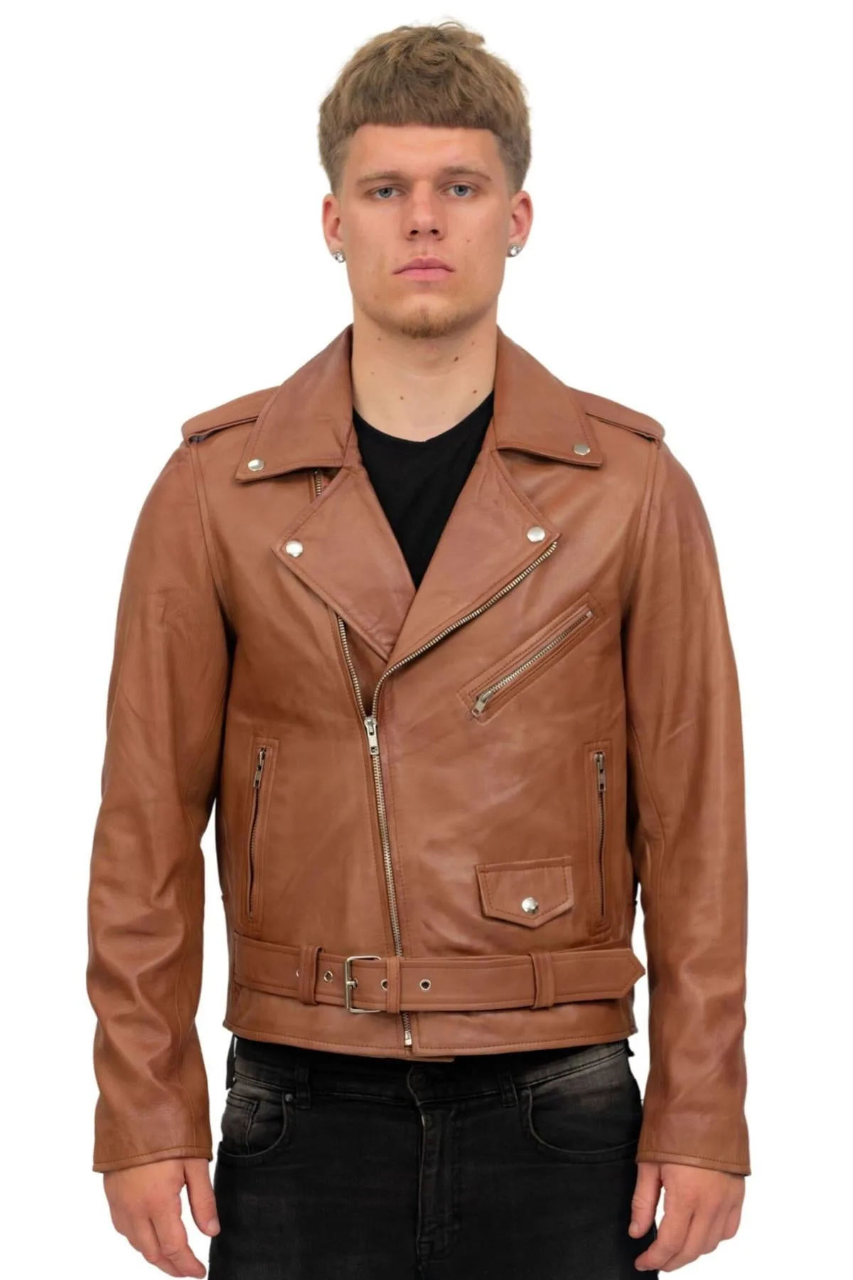 Mens Classic Brando Biker Jacket-Antalya - Tan - Size Medium - Infinity Leather - FashionsVida