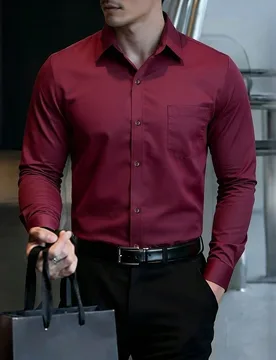 Camisa de manga larga casual de un solo pecho de unicolor para hombre, para otoño, formal, ceremonia - Shein - FashionsVida