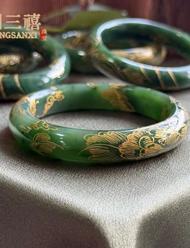 Carved bracelet, Xinjiang natural Hetian jade, gold-painted floral design, "Flowers Blooming, Fortune Abundant," spina - Aliexpress - FashionsVida