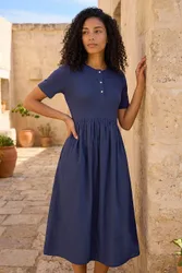 Buttoned Pocket Stretch Midi Dress - Navy - Size: 10