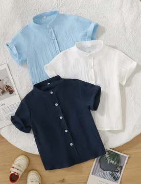 Set de 3 camisas de manga corta con cuello mao de unicolor para niño, camisas casuales y versátiles con botones para niños - Shein - FashionsVida