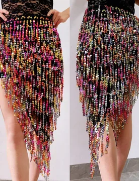 Accesorios exquisitos para el disfraz de danza del vientre: Cinturón triangular largo con flecos y lentejuelas, elegante pañuelo para cadera, y llam - Shein - FashionsVida