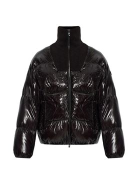 Ribbed Turtleneck Insert Lined Down Puffer Jacket with Two-Way Zip Pockets and Drawstring Hem