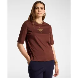 Camiseta de mujer de algodón con aplicación de libélula ajuste regular y mangas cortas