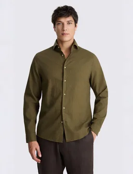 Tailored Fit Linen Cotton Blend Shirt Dark Green male - MOSS - FashionsVida