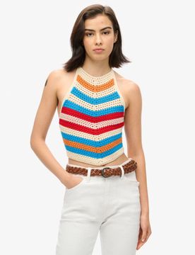 Superdry Damen Creme, Blau und Rot Häkeloberteil mit Zipfelsaum Nackenträger Farbblock, Größe: 44