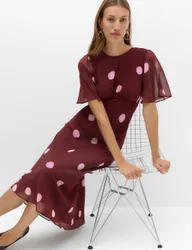 Chiffon Spot Print Midi Waisted Dress Red Mix female