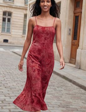Robe à bretelles floquée, , Polyester, Rouge, XS