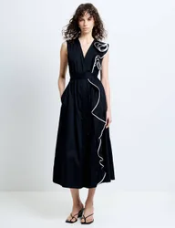 Pure Cotton Poplin Corsage Midi Dress Black Mix female