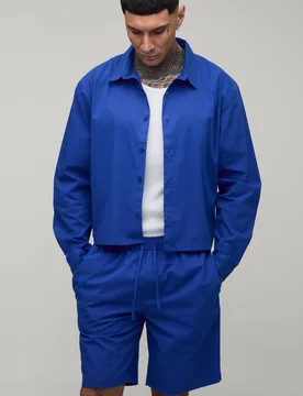 Men's Cropped Boxy Oversized Shirt & Baggy Short Set Cobalt Size Large Cobalt L - boohooMAN - FashionsVida