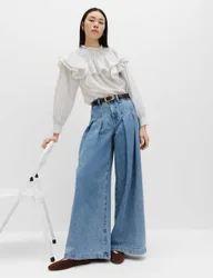High Waisted Pleated Palazzo Jeans Medium Indigo female